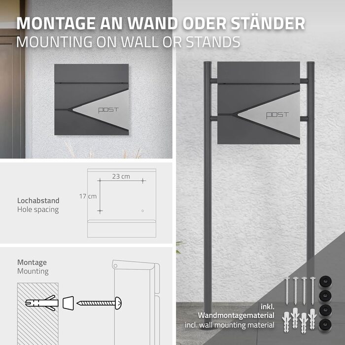 Поштовий ящик ML-Design Anthrazit/Silver, нержавіюча сталь з порошковим покриттям, 37x37 см, з газетницею, замок (2 ключі), настінний дизайнерський поштовий ящик