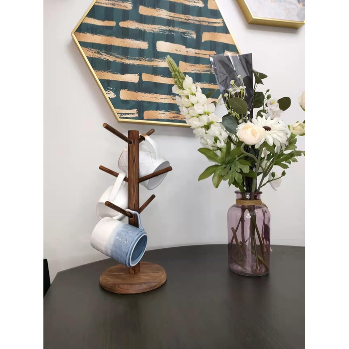 Wooden Mug Holder with 6 Hooks, Countertop Mug Stand, Coffee Bar Accessories & Organizer Station, White (Brown)
