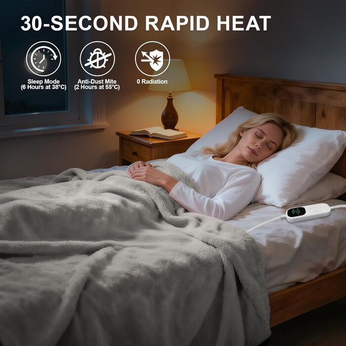 Електрична ковдра Aischens з фланелі, бавовни та шерпи, 130x180 см, двошарова, швидкий нагрів 30S, захист від мікроорганізмів, режим сну, 6 температурних режимів, таймер 1-10 годин, захист від перегріву, сірий колір