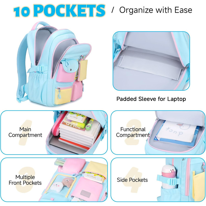 Рюкзак для дівчинки Tanou: великий шкільний рюкзак для підлітків з тканини Oxford, з багатьма відділеннями (блакитний, рожевий)