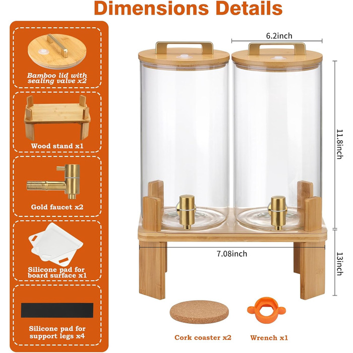 Набір з 2 диспенсери для напоїв на 6 літрів з дерев'яною підставкою, з герметичним клапаном та нержавіючим краном, для вечірок