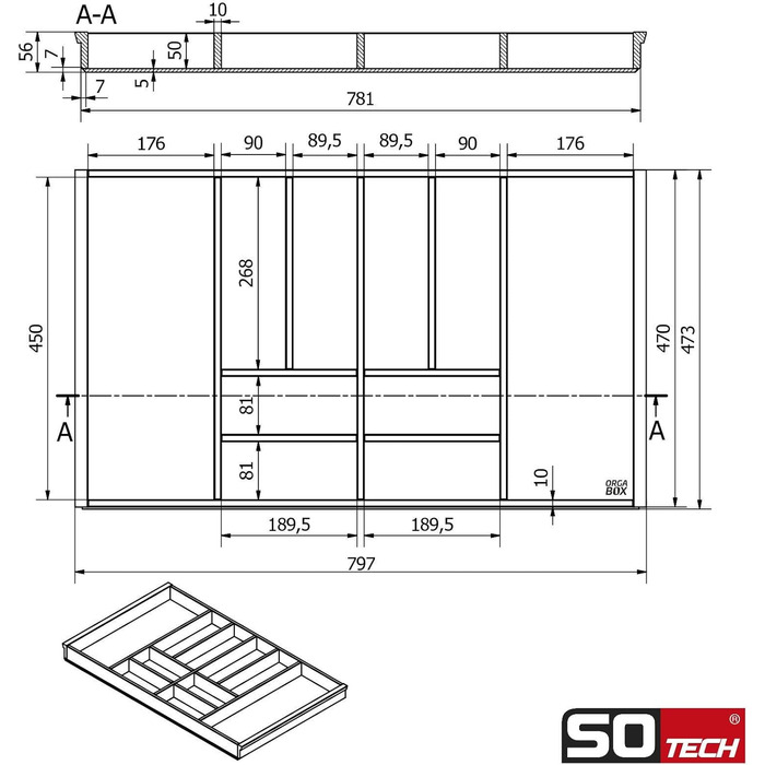 Бамбуковий органайзер Orga-Box 3 для столових приборів, 10 відділень, для шухляди 90 см (473x797 мм), вставка з дерева для кухонь Nobilia після серпня 2012 року