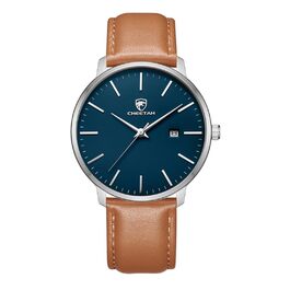 Чоловічий годинник CHEETAH: аналоговий кварцовий годинник з датою, водостійкий (3 ATM), з шкіряним ремінцем, спортивний стиль, для молоді (сріблясто-блакитний, коричневий)