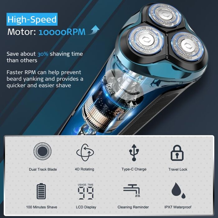 Електричний чоловічий бритва з тримером, USB-C, 120 хв роботи (блакитний)