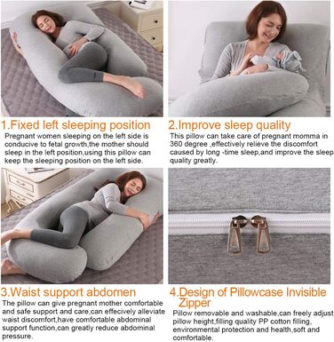 Mingfuxin Pregnancy Pillow, Large J-Shaped Full-Body Maternity Pillow with Removable Velvet Cover for Sleeping and Feeding (Knitted Cotton | Light Grey)