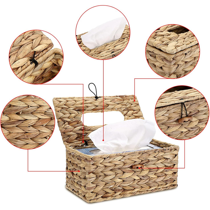 SUMNAKON Brown Rattan Tissue Box with Lid, Cosmetic Tissue Boxes, Napkin Storage Box for Bathroom, Living Room, Office, Restaurant, Crafts (Rectangle, Large)