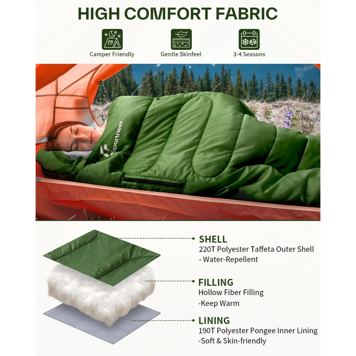 Сплячий мішок Sportneer Outdoor - ковдровий спальний мішок 3-4 сезони для дорослих, теплий спальник для кемпінгу, подорожей та активного відпочинку (200x85 см, зелений)