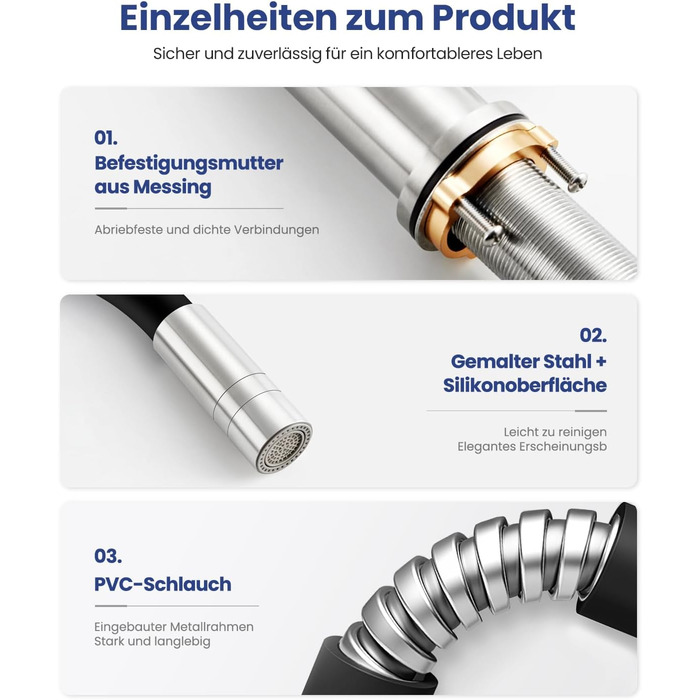 Чорний кухонний змішувач з гнучким виливом, 360° обертання, 2 режими струменя, нержавіюча сталь