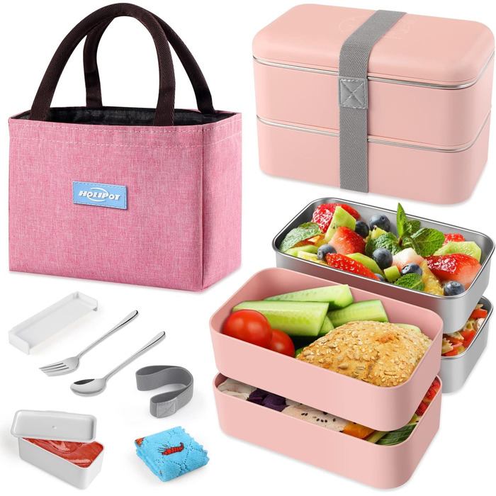 HOLIPOT Ланчбокс Bento Box з роздільниками, 2 рівні, з нержавіючої сталі та PP, з виделкою-ложкою, сумка, для дітей та дорослих (Рожевий)