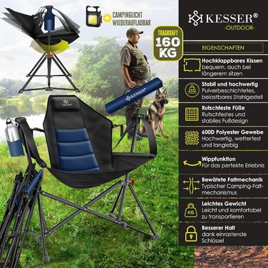 Крісло-гойдалка KESSER® для кемпінгу, риболовлі та пляжу, 160 кг, з підсвіткою та тримачем для напоїв, сіре (темно-синій/чорний)