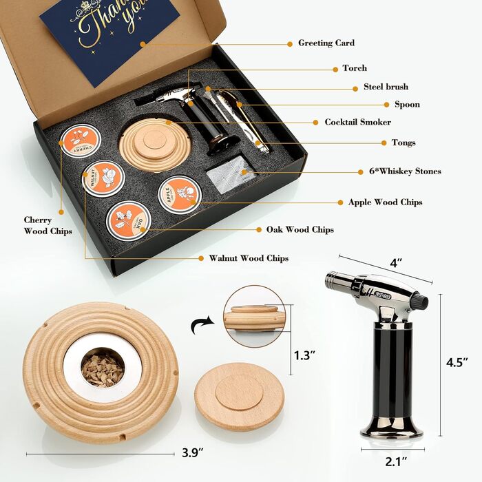 Dad Gift Christmas, Cocktail Smoker Kit, Whiskey Stones, Torch Lighter, Old Fashioned Whiskey Smoker Drinks Kit, Cocktail Accessories for Drinks, Bourbon-Walnut (Butane Not Included) (Beech Torch)