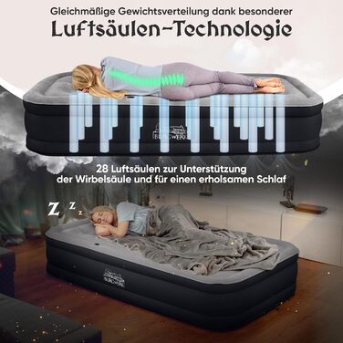 Надувне ліжко 3-в-1 | Гостьове та кемпінгове ліжко | Надувна матрац з електропомпою 150x200 | Самостійно надувна повітряна матрац (1 особа, Чорний/Антрацит)