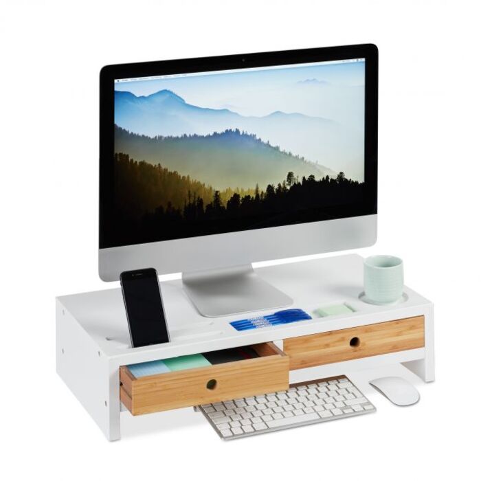 Relaxdays Bamboo Monitor Stand with 2 Drawers, White