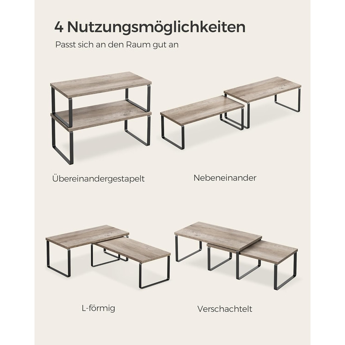 SONGMICS Spice Rack, 4-Piece Set, Kitchen Shelf, Kitchen Organizer, Expandable, Spice Holder, Stackable, with Metal Frame, 19.5 x 29.7 x 15.8 cm, Ink Black + Natural Beige KCS10NB (Ink Black + Greige Melange, 39.7B cm)