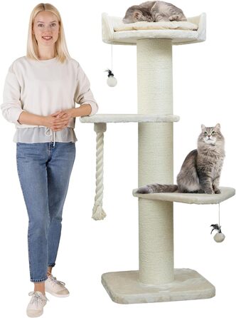 HAPPYPET Преміум Дряпка для котів 'Фредді' – 150 см, велика, для Мейн-куна, з сизалю, товсті стійки (кремовий)
