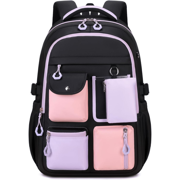 Шкільний рюкзак Tanou для дівчаток: великий, з тканини Oxford, з багатьма відділеннями, чорно-фіолетовий