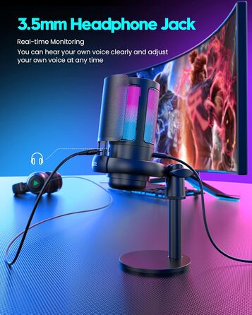 Ігровий мікрофон COCONISE RGB для ПК, стримінгу, подкастів, PS4/PS5, Mac. USB мікрофон з регулюванням гучності та навушником 3.5 мм, з підставкою