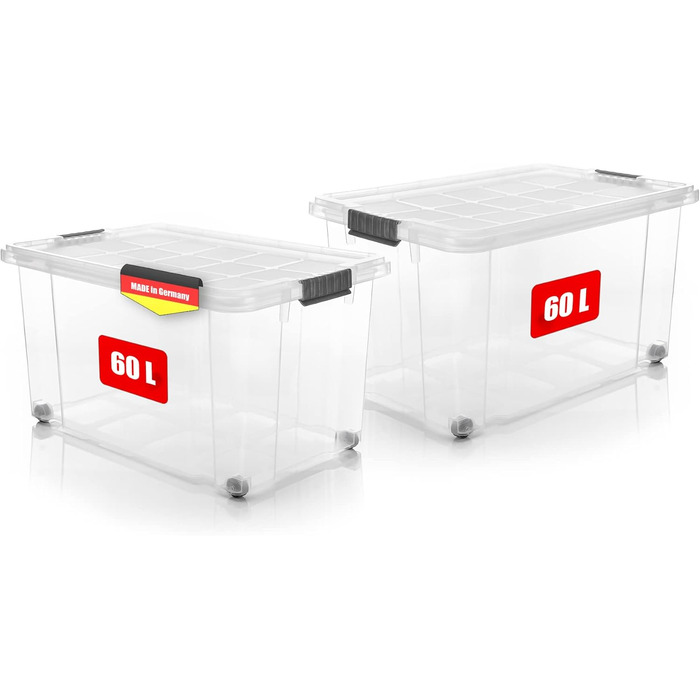 BigDean 2-Pack 60L Storage Boxes with Lid - Large, Transparent - Stackable, Robust Box, BPA-Free - Rollable Stackable Box with Secure Snap Closures - Made in Germany