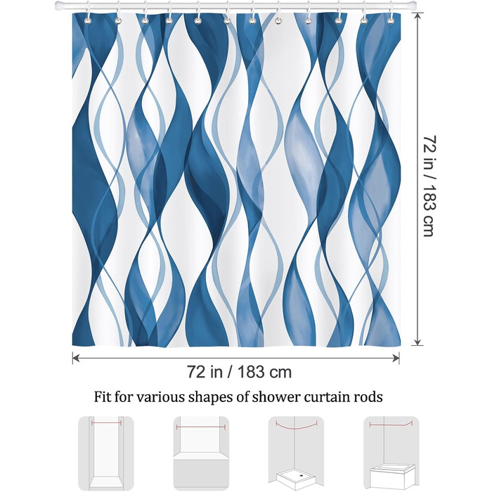 Шторка для душу Bonhause 180x180 см, водовідштовхувальна, антигрибкова, смугаста, поліестер, з кільцями (12 шт.), блакитна