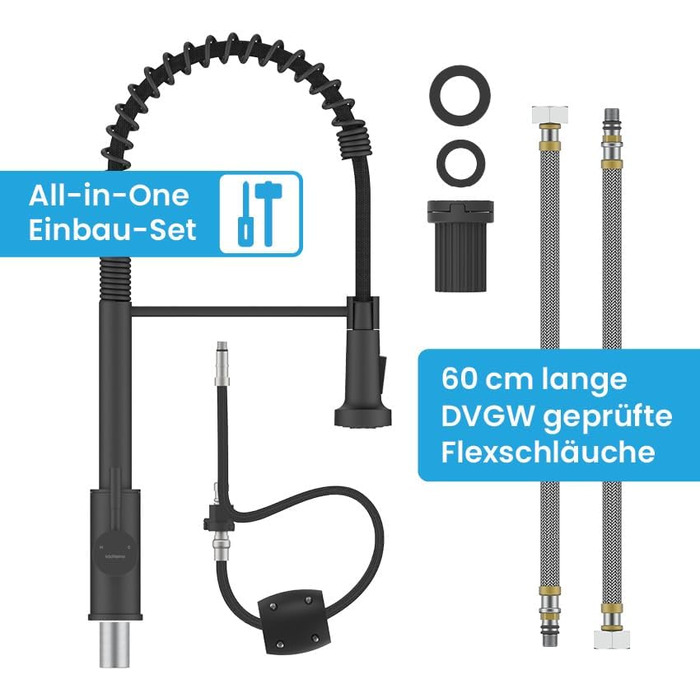 Кухонний змішувач Bächlein Nedo – поворотний на 360°, матовий чорний, з нержавіючої сталі, з гнуким виливом та висувною лійкою, для кухні