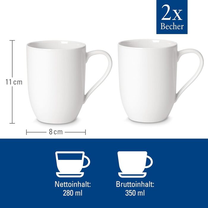 Набір чашок Villeroy & Boch For Me 2 шт, 290 мл, білі, для кави та чаю, преміум порцеляна, можна мити в посудомийній машині та використовувати в мікрохвильовій печі