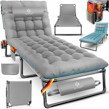 Кемпінгове ліжко KESSER® розкладне з преміум-подушкою 190x68x30 см, до 250 кг, з кишенею та підсклянником, сіре/блакитне