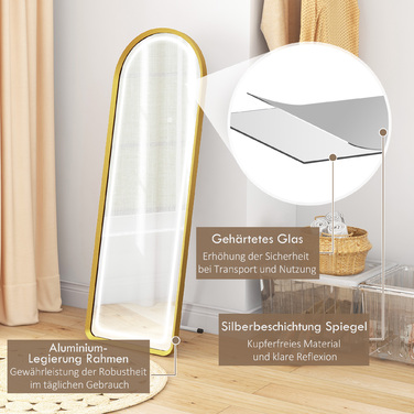 Дзеркало для всього тіла HOMCOM з LED-підсвіткою, регульованою яскравістю, настінне та напольне дзеркало, дзеркало для гардеробної з сенсорним вимикачем, золото, 47x146 см