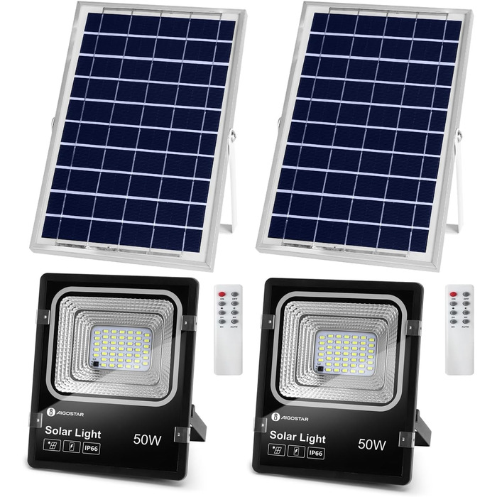 Aigostar 50W Solar Flood Light Outdoor, Super Bright LED Floodlight with Solar Panel, Cool White 6500K, IP66 Protection Grade Solar Spotlight Searchlight Outdoor Spotlight for Garden, Door, Yard, Garage, etc., 2 Pieces