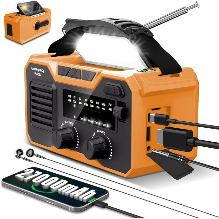 Радіо-зарядний пристрій Kurbelradio на 27000mAh з сонячною панеллю, FM/AM, Bluetooth 5.3, SOS-сигналом, компасом та ліхтариком для надзвичайних ситуацій та виживання на природі (зелений, оранжевий)