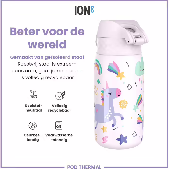 ion8 Insulated Stainless Steel Drinking Bottle 320 ml Leak-Proof One-Hand Opening Secure Lock Dishwasher Safe Flip Lid Carrying Handle Easy to Clean, Durable, Pink Unicorn