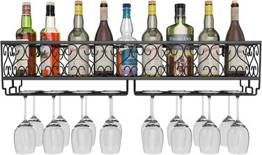 W-612 Metallic Black Wall-Mounted Wine & Champagne Glass Goblets Stemware Rack Holder, 80 x 20 cm Capacity up to 18 Bottles of Wine and 18 Glasses