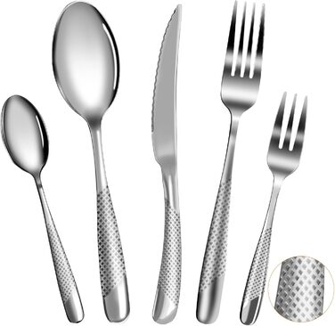 Набір столових приборів на 8 осіб, 40 предметів: ножі, виделки, ложки. Виготовлений з нержавіючої сталі, дзеркально відполірований, придатний для миття в посудомийній машині. Сріблястий колір.
