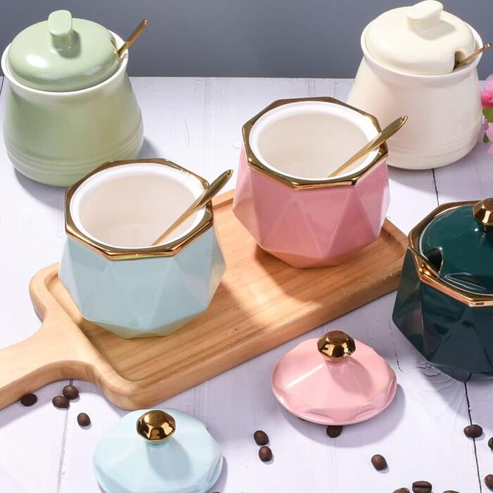 Sugar bowl with lid and spoon, 270 ml ceramic sugar bowl, multifunctional sugar container, spice container, salt shaker, spice dishes, sugar bowl for the kitchen, organization, 280 ml (pink)