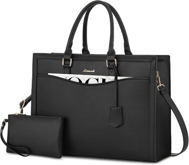 LOVEVOOK 17-Inch Laptop Bag Black Handbag Women's Large Shopper Leather Tote Bag Work Bag Shoulder Bags Briefcase College Teacher Bag Shoulder for Business School