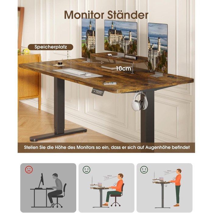 Devoko Electric Standing Desk 160x70cm with Monitor Stand, Memory Height Adjustment, Ergonomic Sit-Stand Desk (120x60cm, Vintage Brown)