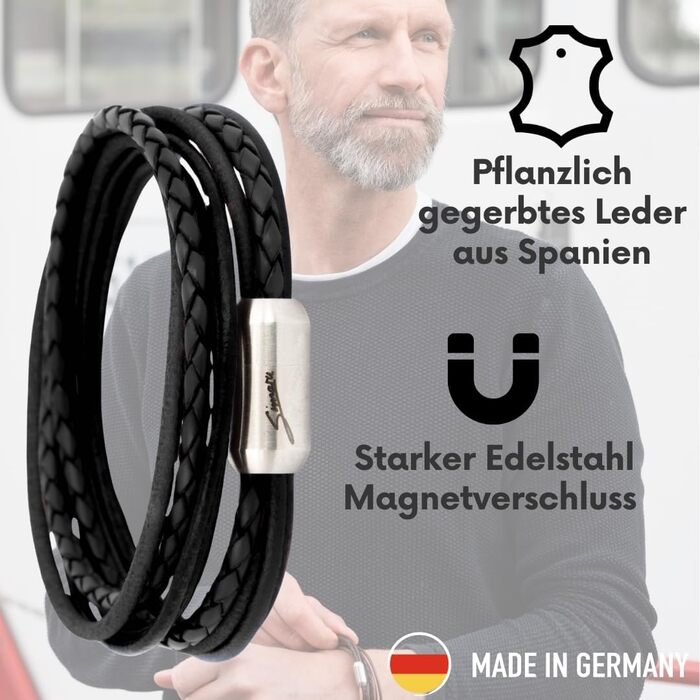 Браслет шкіряний Echtleder (Німеччина), унісекс, з магнітною застібкою, чорно-срібний, розмір L (17-18 см)
