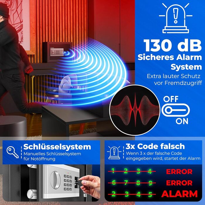 Електронний сейф KESSER® 35x25x25 см з батарейним відсіком, подвійним замком, світлодіодним освітленням, для дому та офісу, чорний