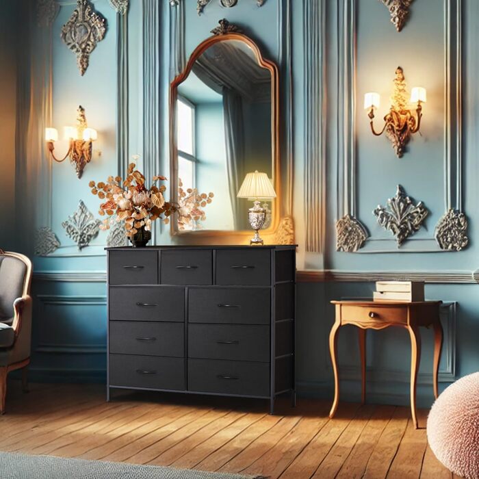 DUMOS Dresser with Drawers - Dressers & Sideboards for Bedroom Suitable, Dresser with 9 Drawers, Fabric Dresser with Sturdy Steel Frame, Ideal for Bedroom, Living Room (Black)