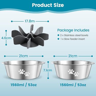 PETTOM Набір з 2 мисок для собак з нержавіючої сталі з антизаковтуванням, 2-в-1, об'єм 1560 мл, з антиковзним силіконовим дном, Ø21 см. Підходить для великих та середніх собак