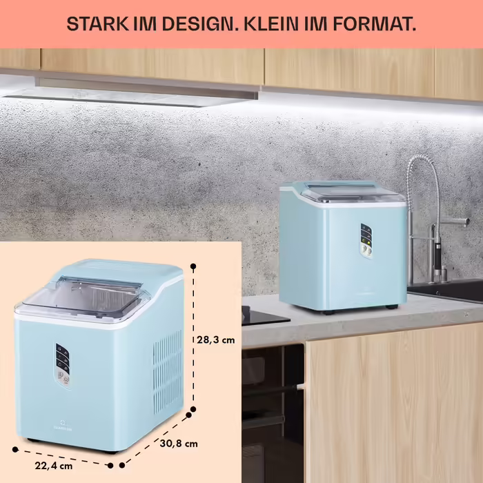 Машина для льоду Klarstein, компактна, швидка, самочищення, 12 кг/24 год, 1,5 л, великі і малі кубики льоду, з контейнером, синя