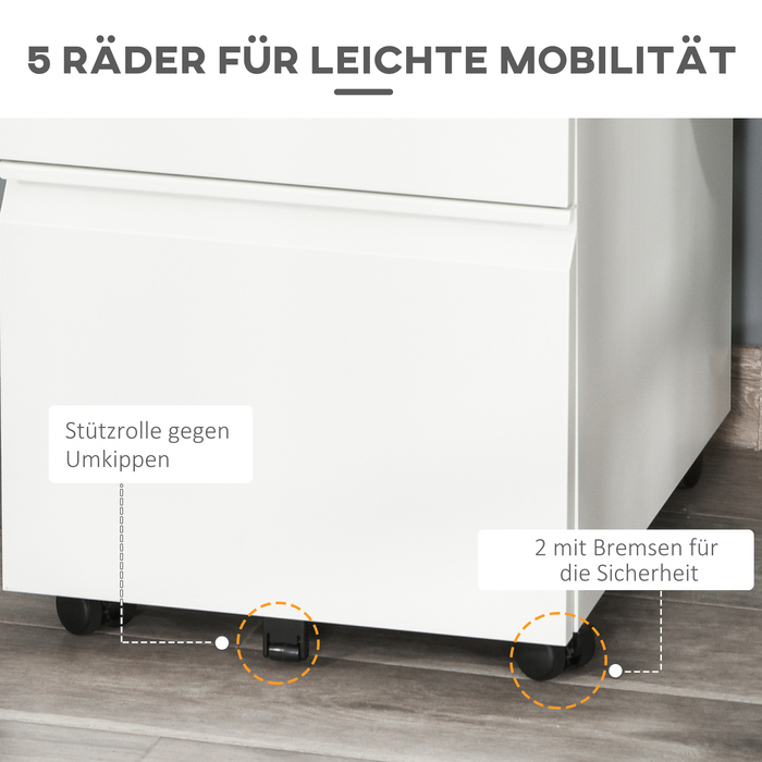 Vinsetto Rolling Storage Cabinet with 3 Drawers and Wheels, Compact Steel with Concave Handle, White 39x48x60cm