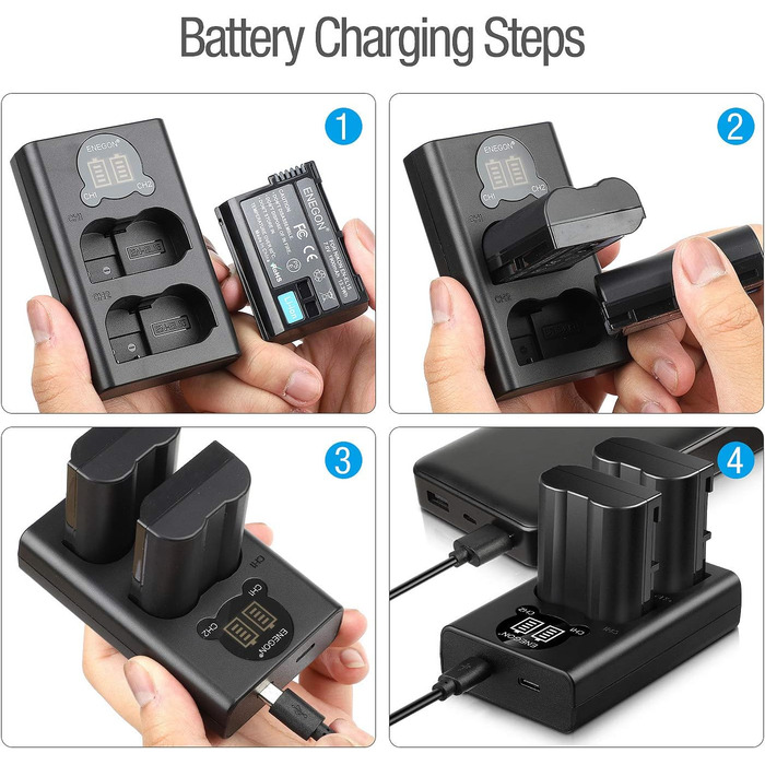 Акумулятори EN-EL15 (2 шт) та зарядний пристрій Dual LED USB для Nikon Z6, Z7, Z8, D7500, D7000, D850 та ін.