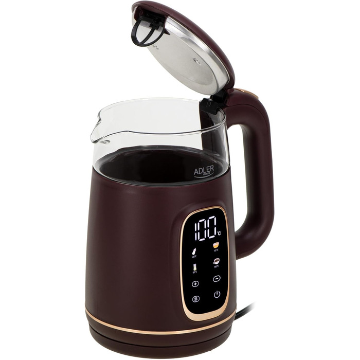 Електричний чайник Adler з регулюванням температури 2200W – 1,7L з LED-дисплеєм та сенсорною панеллю, 5 програм, функція підтримки тепла, фільтр, Бургунді, Золотий