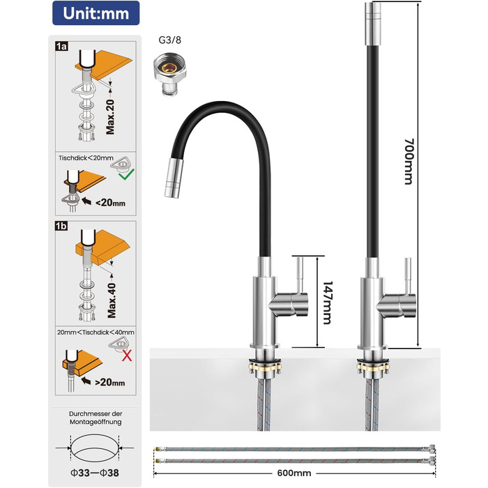 Чорний кухонний змішувач з гнучким виливом, 360° обертання, 2 режими струменя, нержавіюча сталь