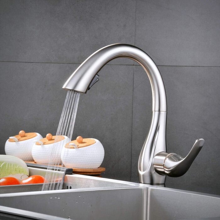 Змішувач кухонний з висувною насадкою, одноручний, з покриттям з браштованого нікелю