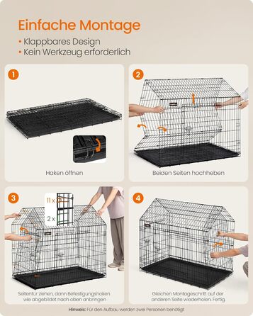 Клітка для собак Feandrea, 120x72.5x109 см, металева, розкладна, XXL, для великих собак, з подвійними дверцятами, легко миється, чорна