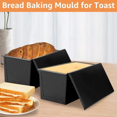 WOPPLXY 2 Pack Toast Bread Baking Pan with Lid, 450g Bread Baking Pan with Lid, Black Loaf Pan with Lid, Non-Stick for Toast Bread, Bread, and Pastries