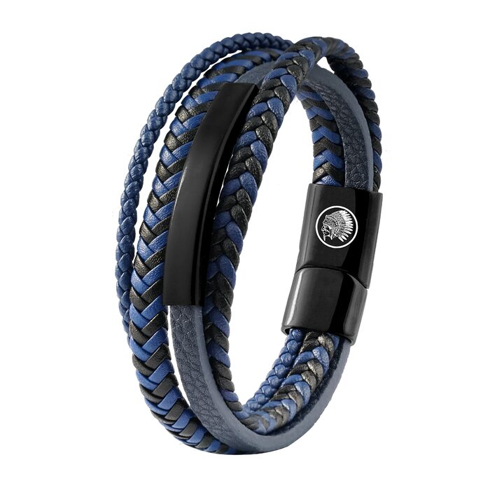Чоловічий шкіряний браслет Lederarmband з нержавіючої сталі: плетіння, магнітний замок, гравіювання (синій, коричневий, чорний) 21 см