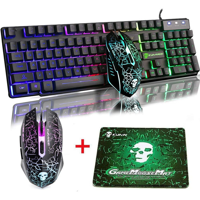 Механічна ігрова клавіатура та миша з підсвічуванням Rainbow LED, 104 клавіші, USB, 2400DPI, 6 кнопок, оптична миша, комплекту з килимком для миші, чорний колір, сумісна з PS4, Xbox, PC, Laptop