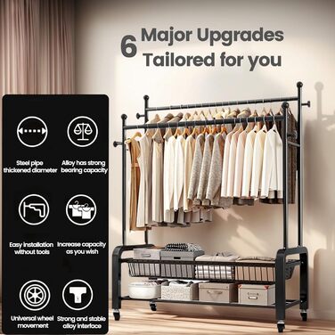 Стійка для одягу на колесах, чорна, з двома перекладинами, подвійне зберігання